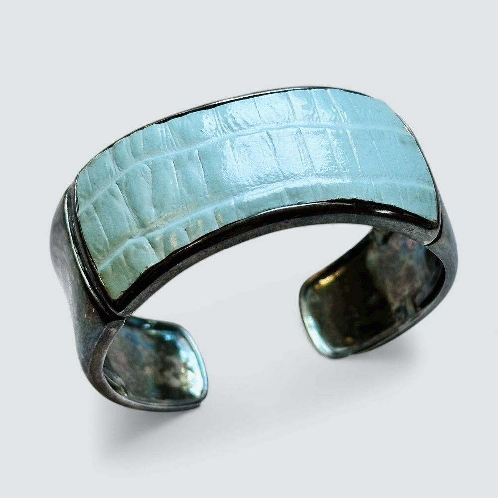 Snake Croc Blue Leather Silver Signed Hinged Cuff Bracelet Monet Indie Western